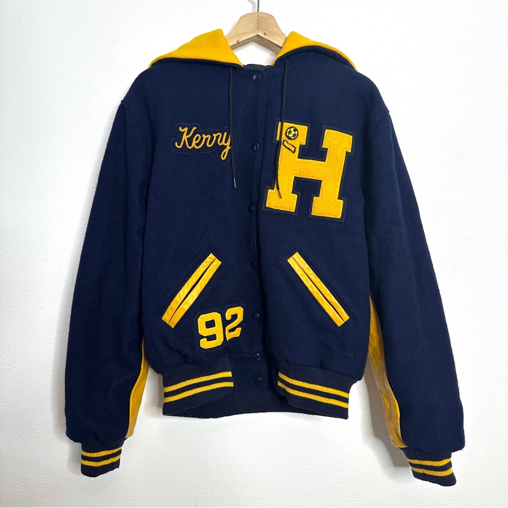 Vintage 90s Blue and gold Leather and wool Varsity letterman Jacket